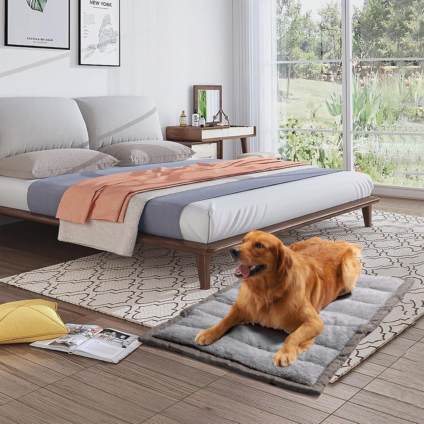 Outdoor Dog Bed, Portable Travel Mat, Rollup Pet Camping Gear, Crate Pad with Carry Handles, Super Soft, Machine Washable, 42' * 28' Grey